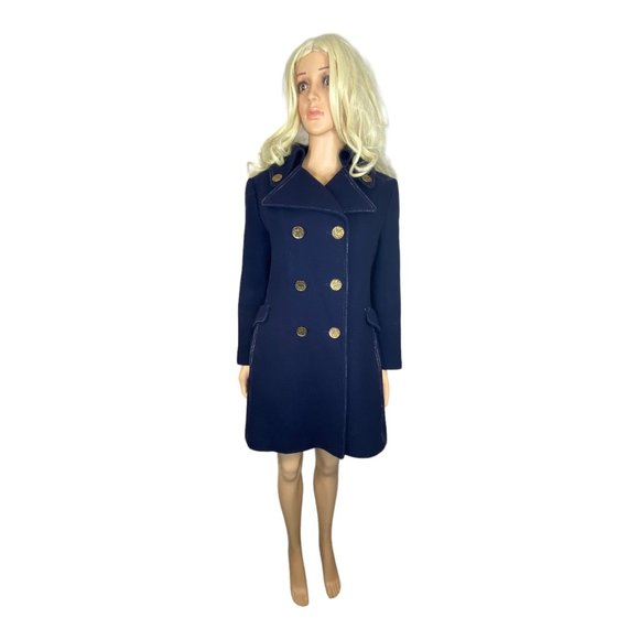 Vintage Arthur Jay Wool Peacoat S/M Navy Contrast Gold Button Quilted Liner Warm - Picture 16 of 16